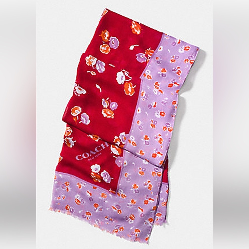 Coach Red and Lavender Floral Scarf